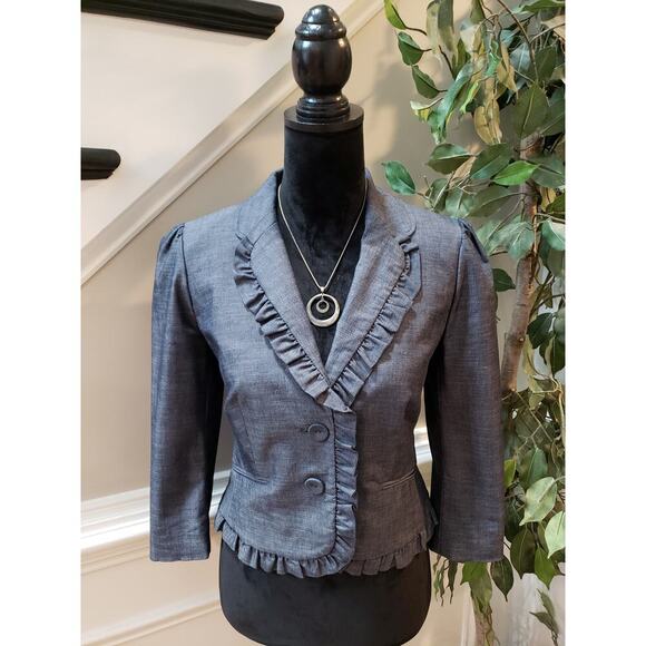 Ann Taylor Loft Petites Women's Size 8p Grey Ruffled Cotton Blend Blazer Jacket - Picture 1 of 13
